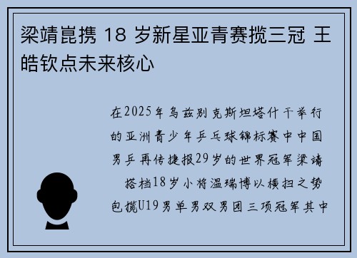 梁靖崑携 18 岁新星亚青赛揽三冠 王皓钦点未来核心
