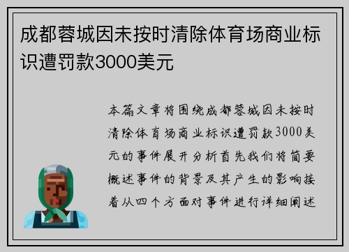 成都蓉城因未按时清除体育场商业标识遭罚款3000美元